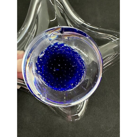 Hand Blown Art Glass Bowl Controlled Bubbles Wavy Pedestal Polished *flaw* - Picture 11 of 12